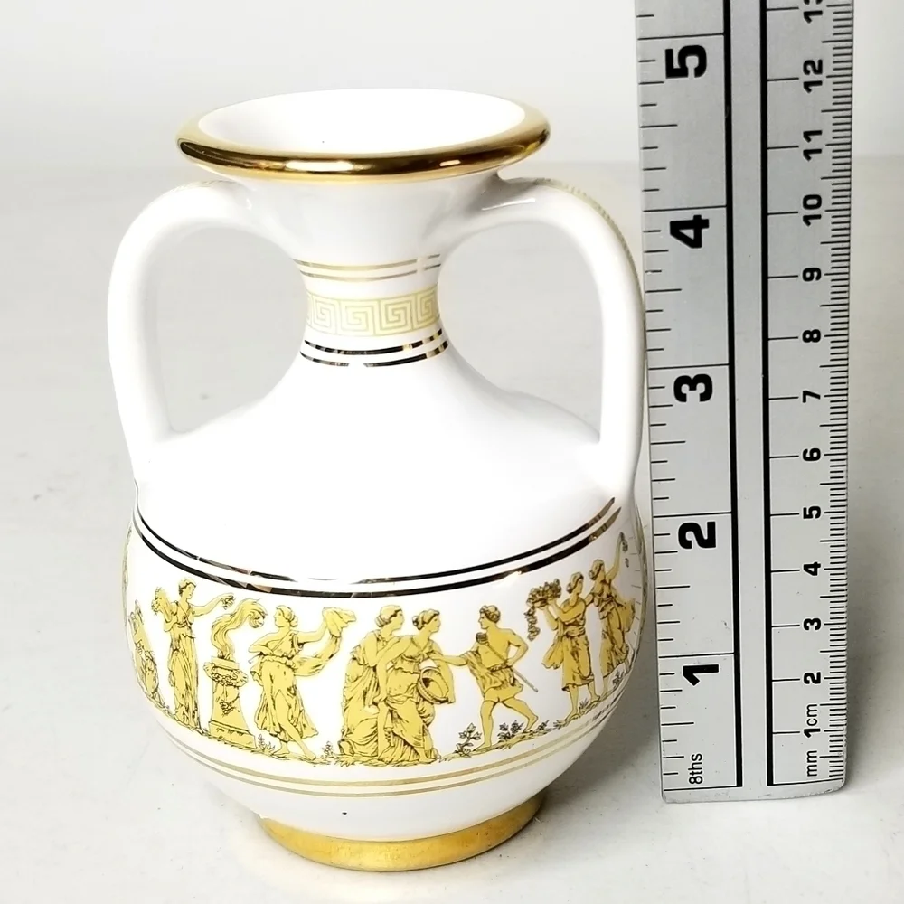 Vintage Neofitou Hand Made Hand Painted 24K Gold White Vase With Handles, Greece